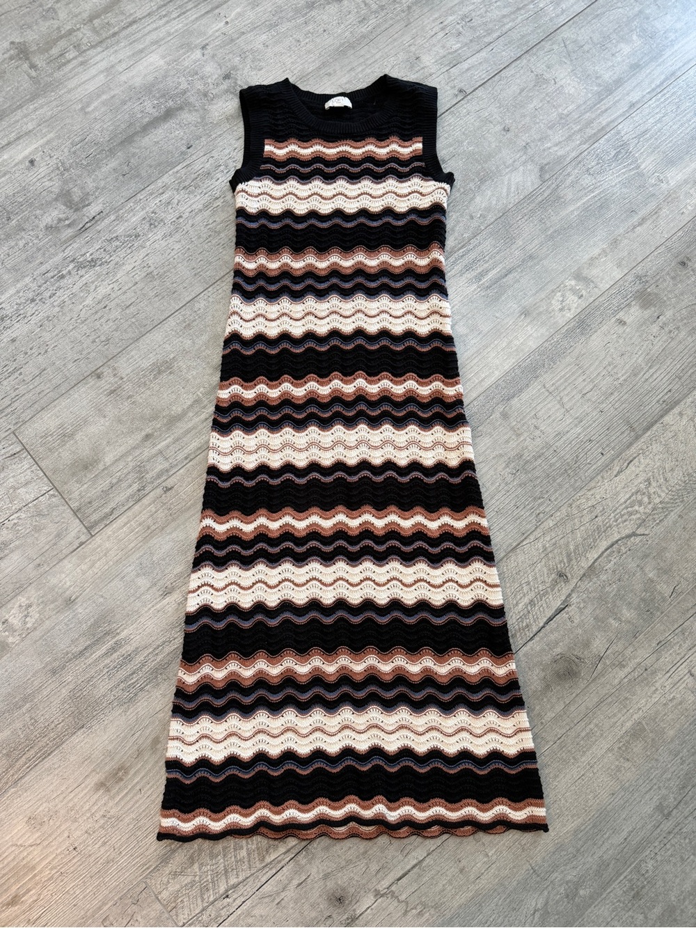 Summer Boho Festival Sleeveless Wave-Stripe 100% Cotton Knit Maxi Dress